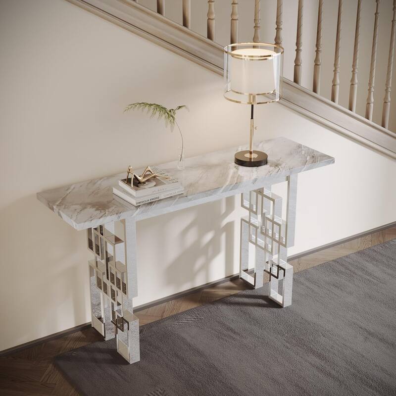 Modern Console Table 55 inch Sofa Table with High Gloss Top and Mirrored Metal Base for Entryway Living Room