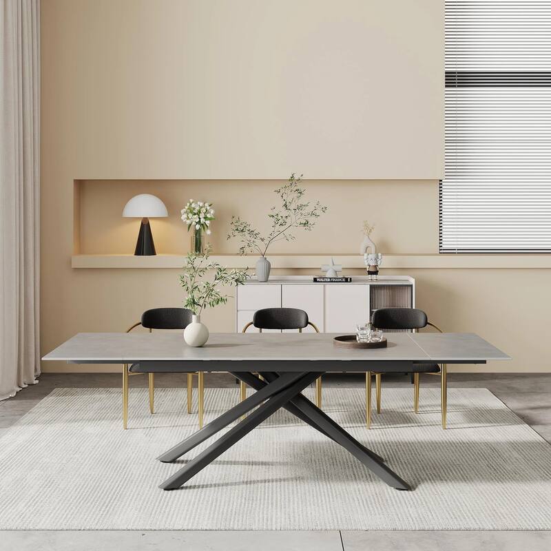 9 - Piece 102.36'' Extendable Rectangular Sintered Stone Dining Table with 8 Fabric Chairs Dining Set