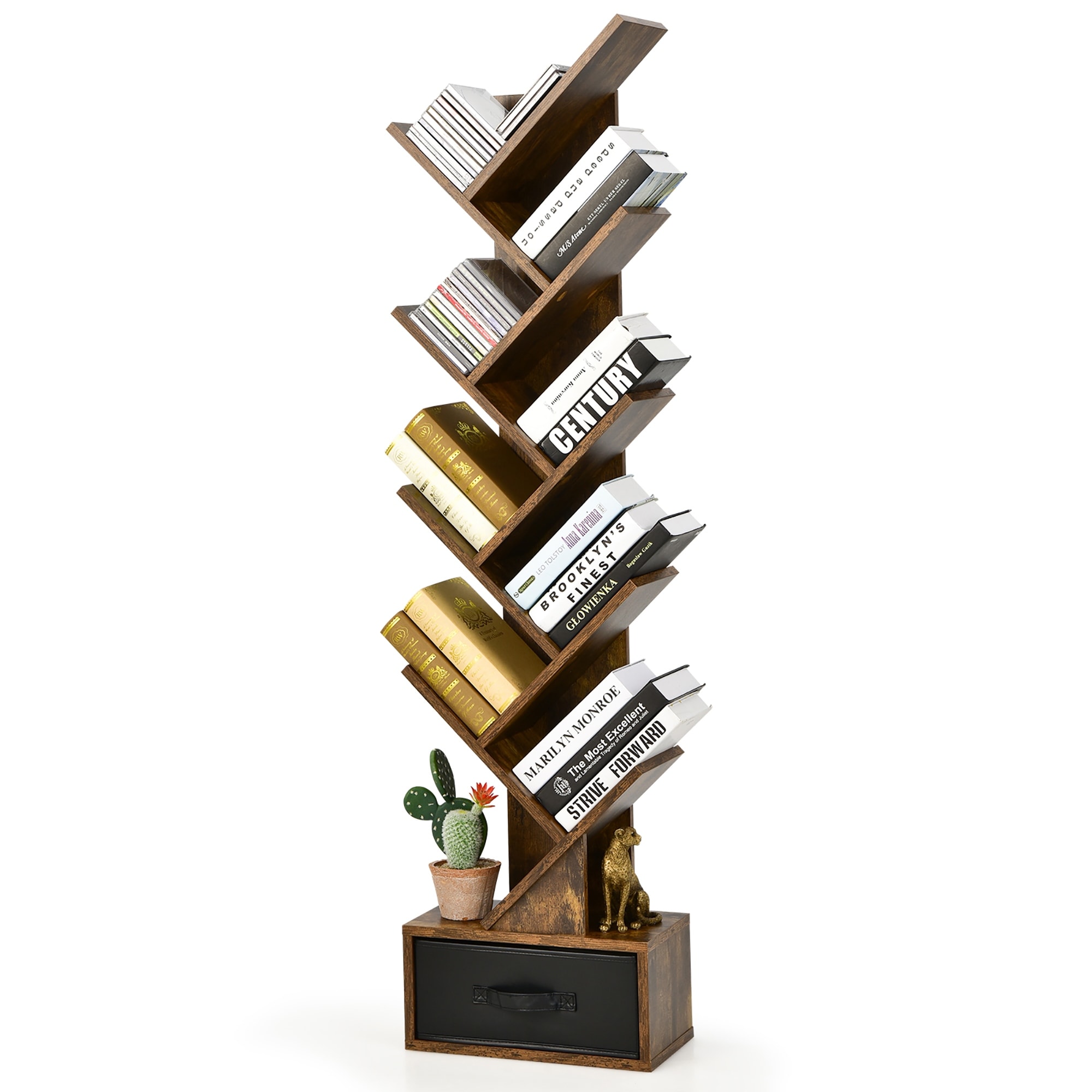 Gymax 5-Tier Tree Bookshelf with Wooden Drawer Display Storage