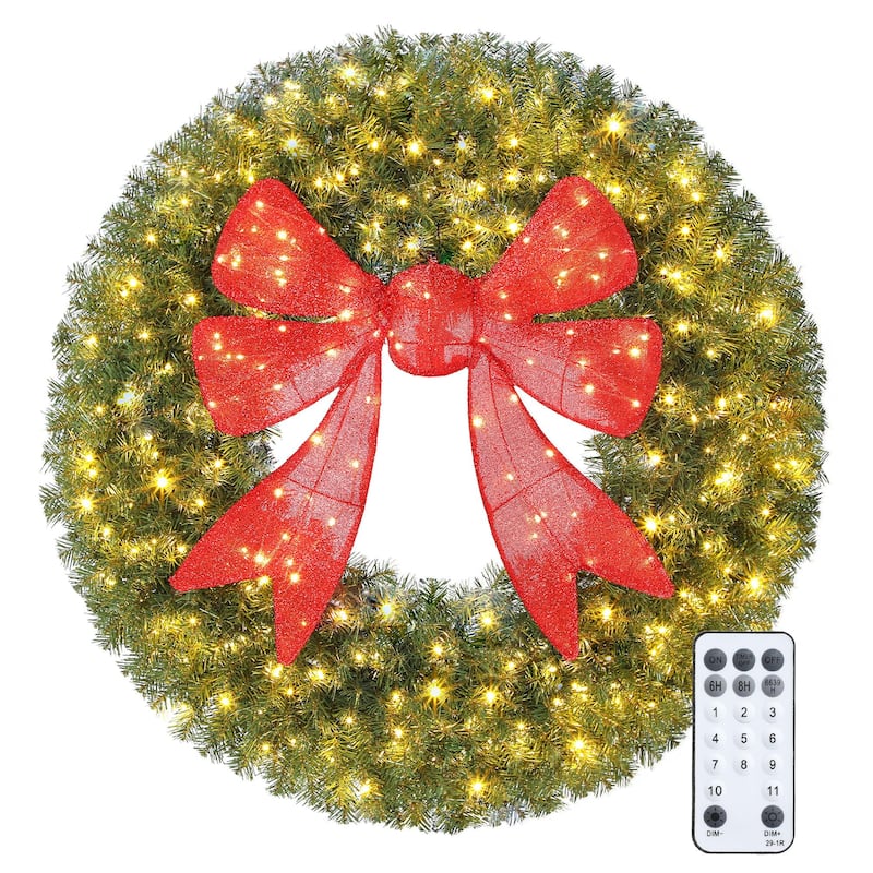 HOMCOM 36in Pre-Lit Xmas Wreath: 140 LED, 11 Modes, Remote, 3D Bow, Indoor/Outdoor