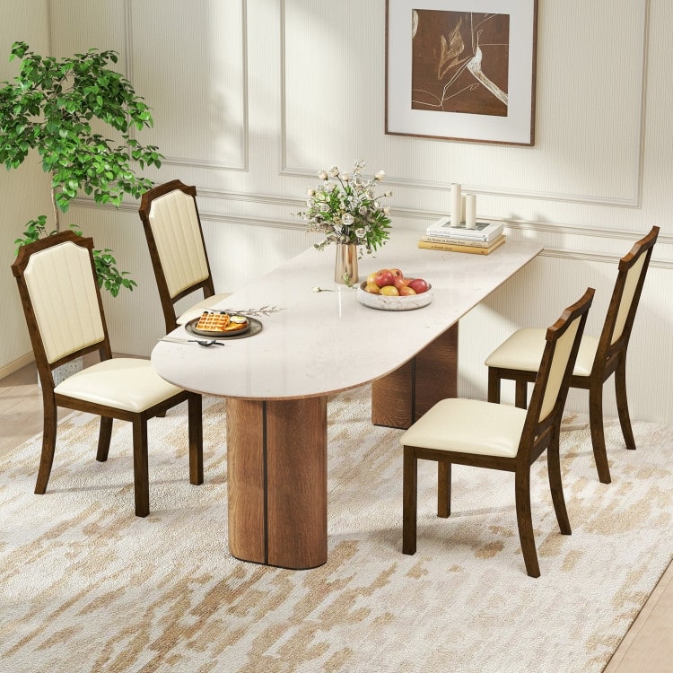Brown and Beige Rubber Wood Upholstered Dining Chairs Set of 2 with High Backrest, PU Leather - 24” x 19.5” x 38.5”