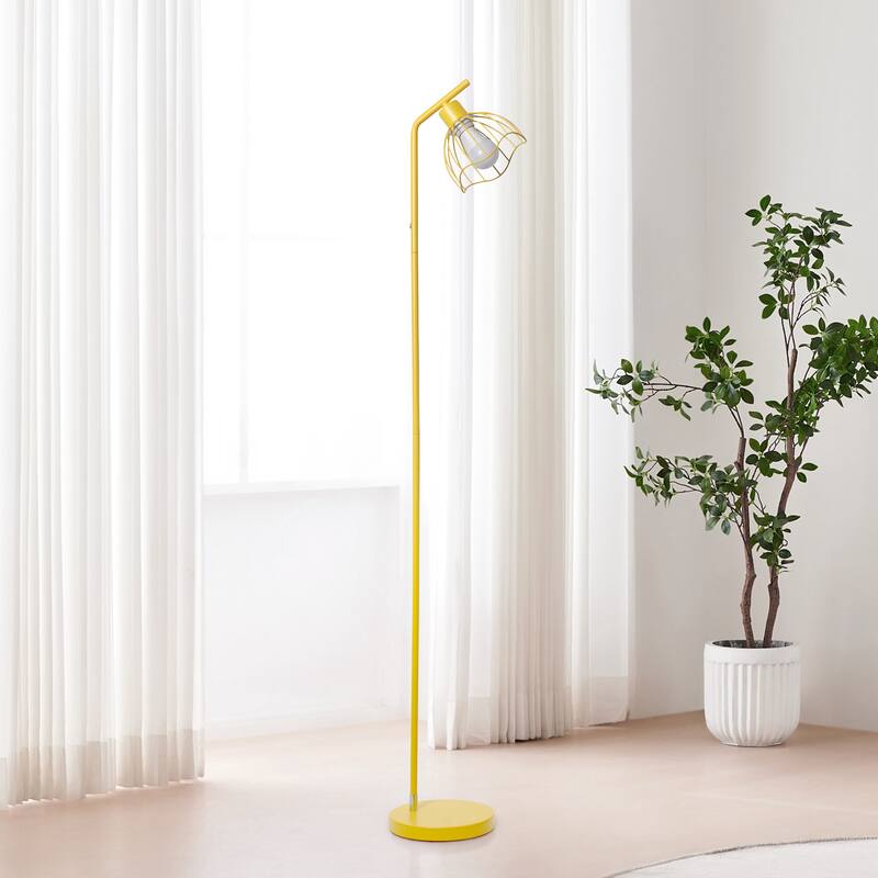 Metal Industrial Cage Floor Lamp with Curved Arm and Rotary Switch - 9.57 x 7.87 x 54.50 in. (L x W x H)