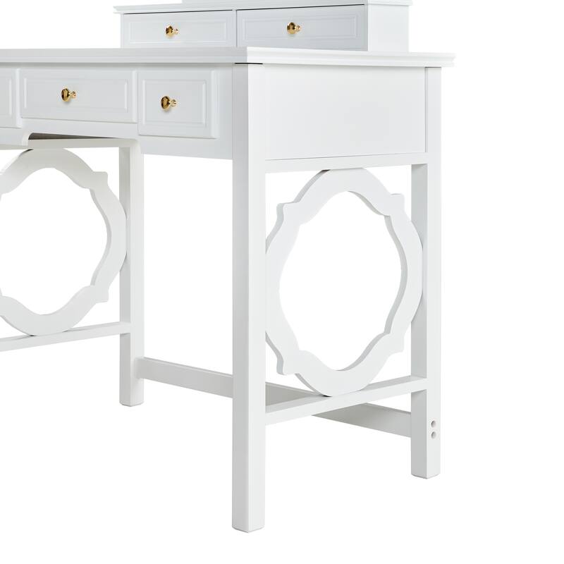 2-Piece Makeup Vanity Desk Set with PU Upholstered Stool, 5 Drawers Vanity Table Dressing Table with Swivel Vanity Mirror, White