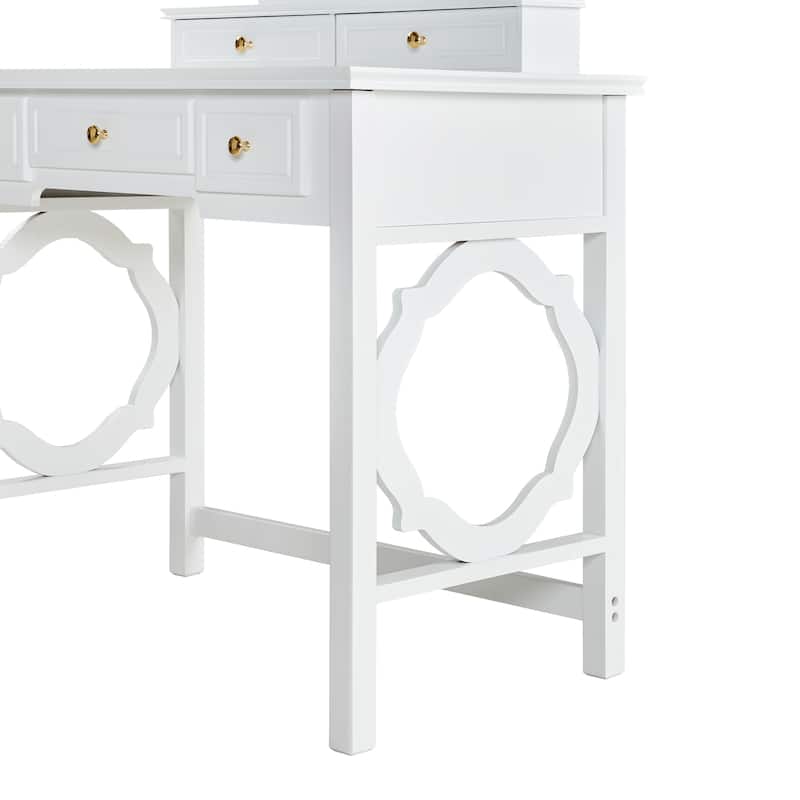 Vanity Desk with Reversible Mirror & Stool, Small Dressing Table Set, Compact Makeup Vanity Table with 5 Drawers
