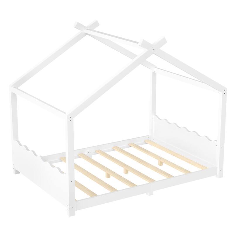 Roomfitters House Floor Bed with Support Slats, Solid Wood Open Frame Design