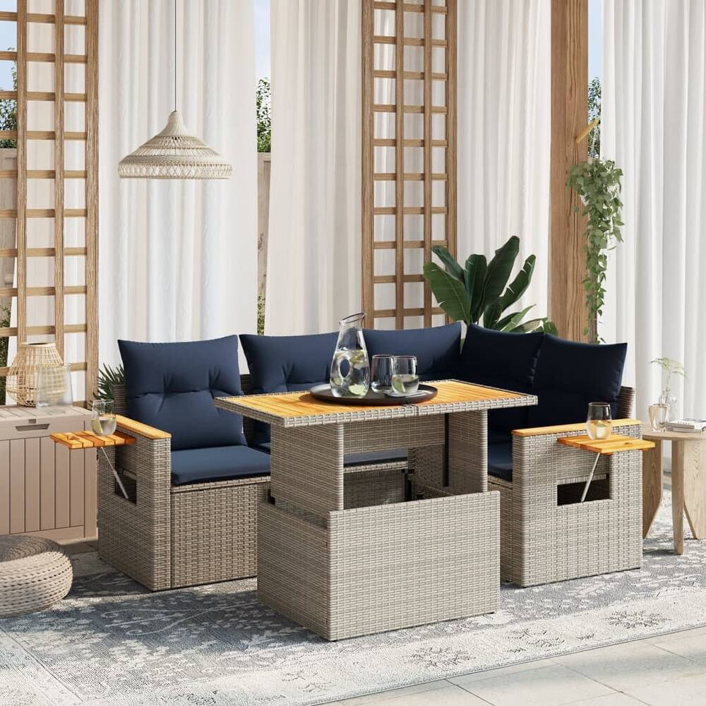 vidaXL Patio Sofa Set with Cushions Outdoor Furniture 5 Piece Poly Rattan - 21.7 x 24.4 x 27.2