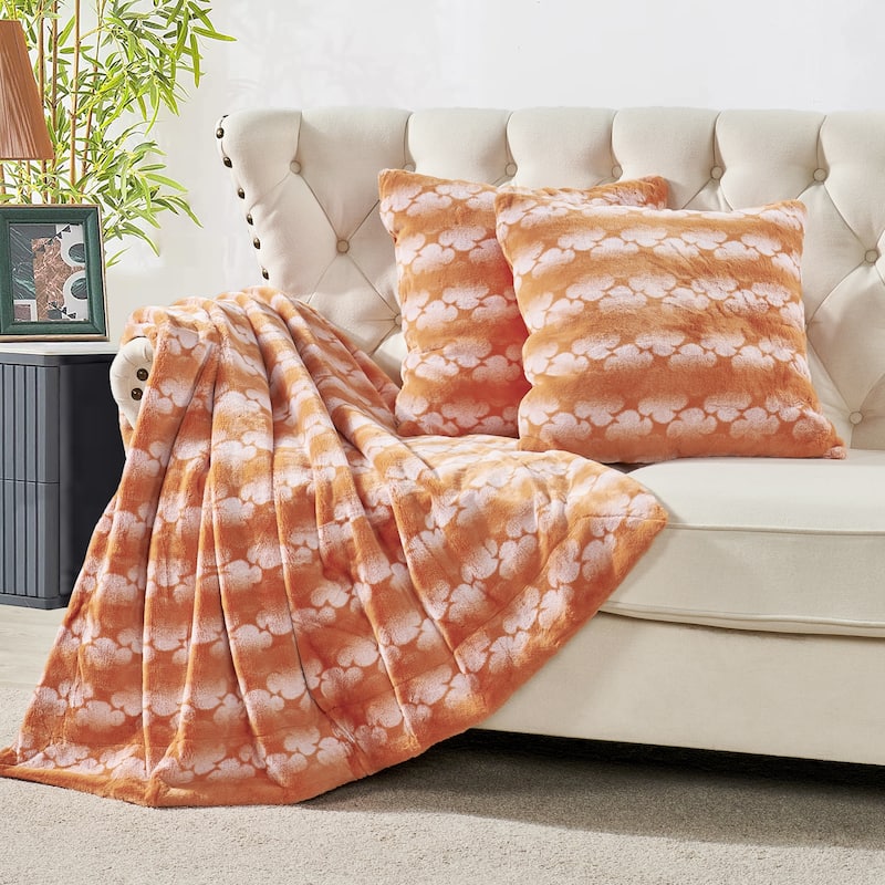 Ballys 3-piece Floral FauxFur Throw Blanket and Pillow Cover Set - 60" x 80" - Burnt Orange