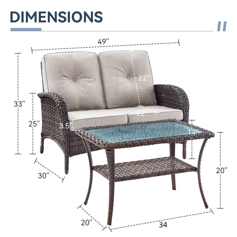 Gymojoy Outdoor Wicker Loveseat with Coffee Table and Outdoor Cushions