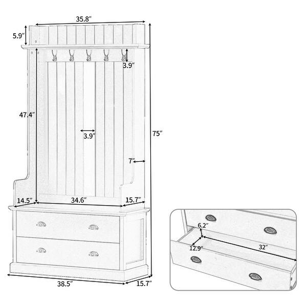 Wood Wide Coat Rack Entryway Bench Coat Hanger with Shoe Storage Drawer