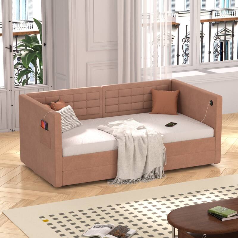 VECELO Twin Size Upholstered Daybed with Storage Drawers Storage Daybed with USB Ports & Pockets Modern Sofa Bed Daybed Frame