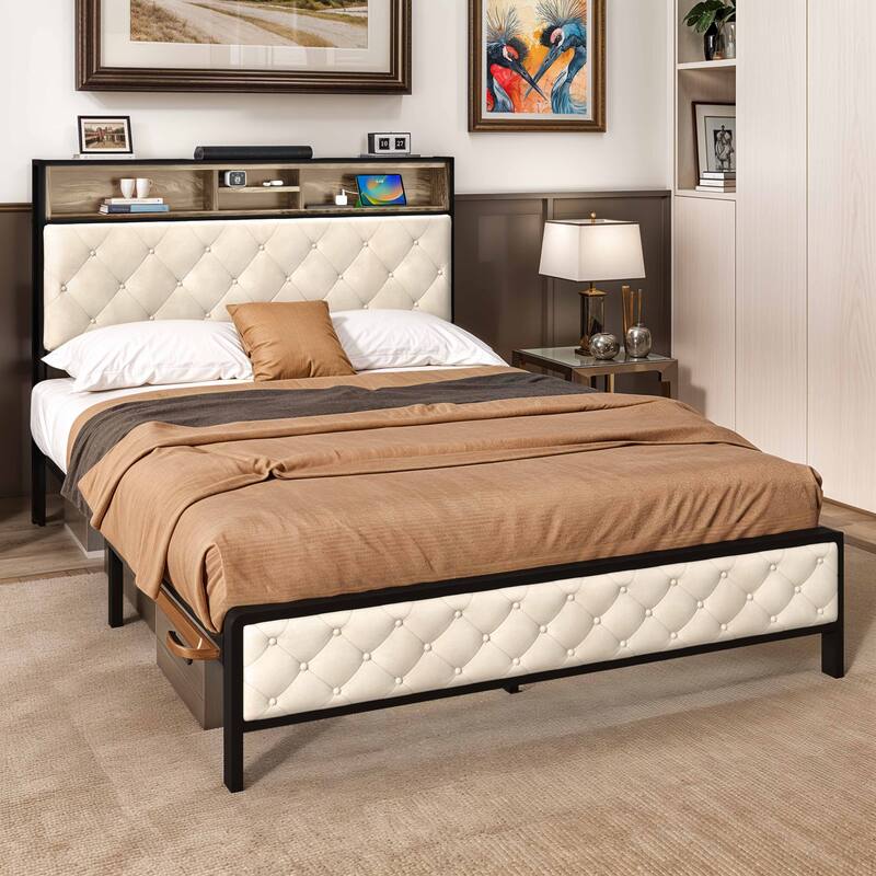 Modern King Upholstered Storage Bed With USB Power pad