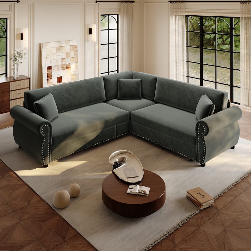88.2" L-Shaped Sleeper Sectional Sofa with Pull-Out Bed - Chenille Convertible Couch, Nailhead Trim, for Living Room