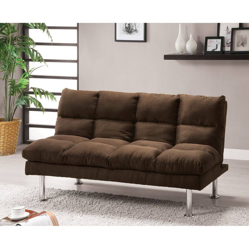 Contemporary Style Futon Sofa Bed Microfabric Converted Into Bed Wit Extra Leg Support Chrome Base Legs Dark Brown Finish