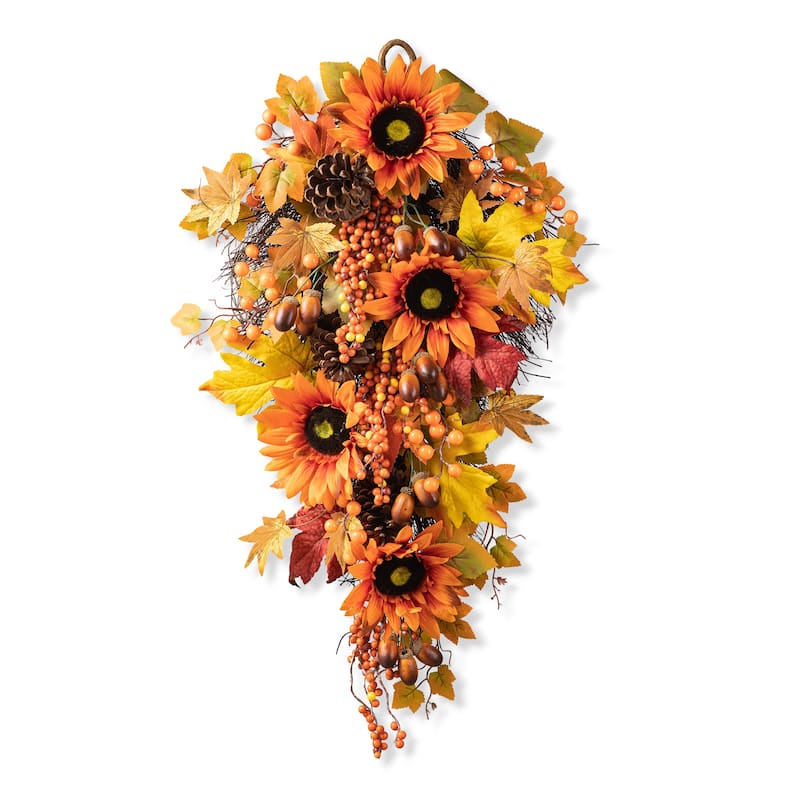 Glitzhome Fall Harvest Sunflower Maple Leaf Berry Garland Swag Wreath