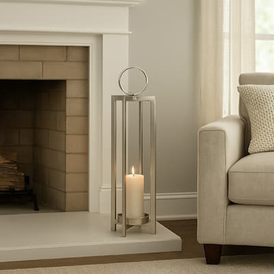 Siana Lantern Candle Holder, 27 Inch Tall, Silver Finished Metal Frame