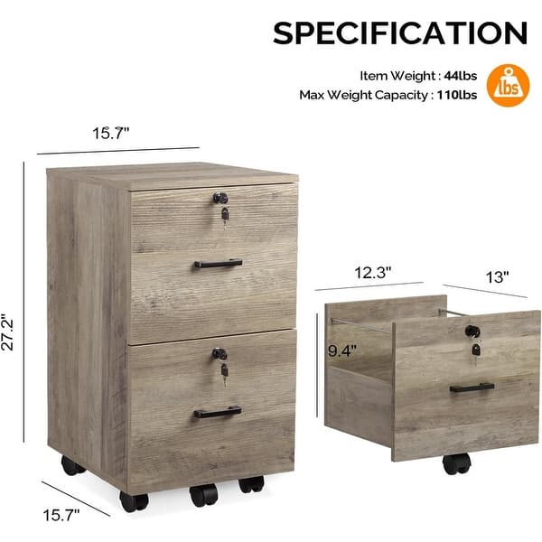 dimension image slide 0 of 5, 2-Drawer Rolling Wood File Cabinet with Lock
