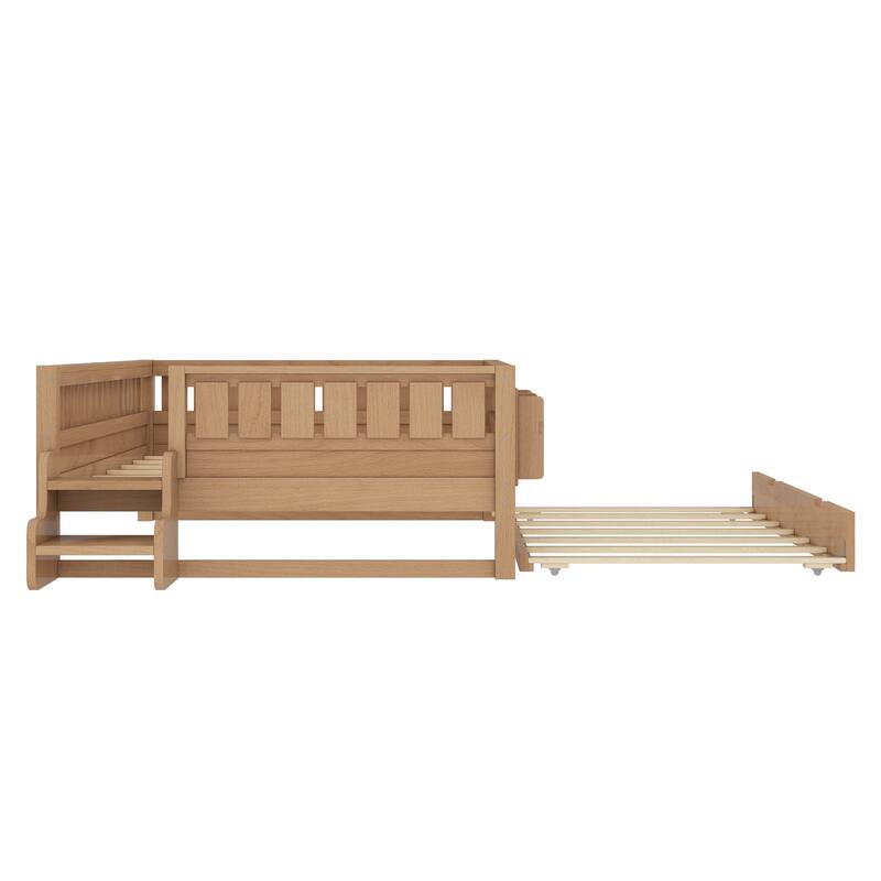 Full/Twin Size Wood Bed with Built-in Bookshelves and Storage Staircase, Safety Rails and Trundle Bed
