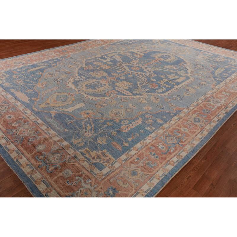 Hand Knotted Oriental 100% Wool Carpet Transitional Medallion Navy Blue & Blues Oushak Area Rug - 14' 6'' X 10' 0''