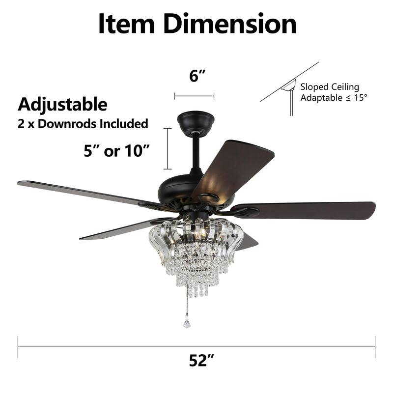 Bella Depot 52" Modern Crystal Ceiling Fan with Remote and Light Kit ,3-speed Reversible Blades