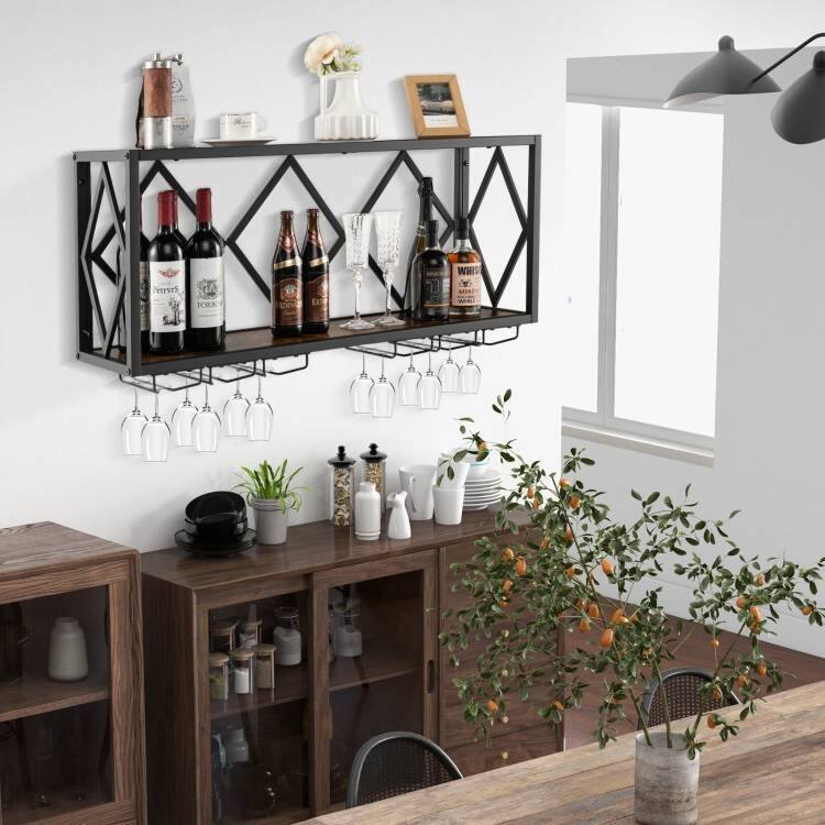Rustic Brown-Black Engineered Wood Metal Wall-Mounted Wine Rack XL - 39.5" x 10" x 18"