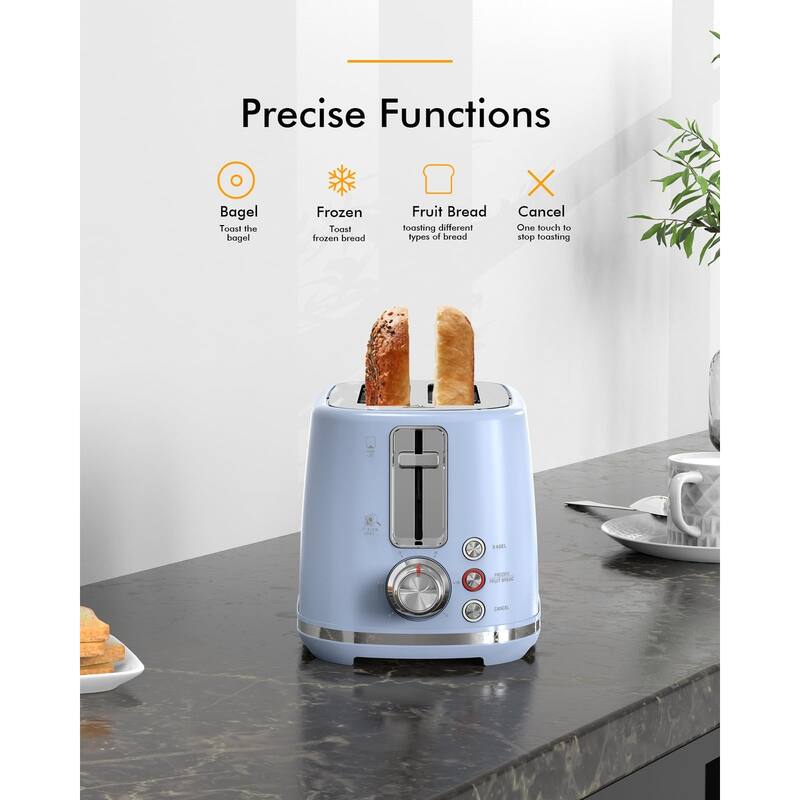 2 Slice Toaster, Wide Slots, AutoOff & Frozen Modes for Toast, Bagels