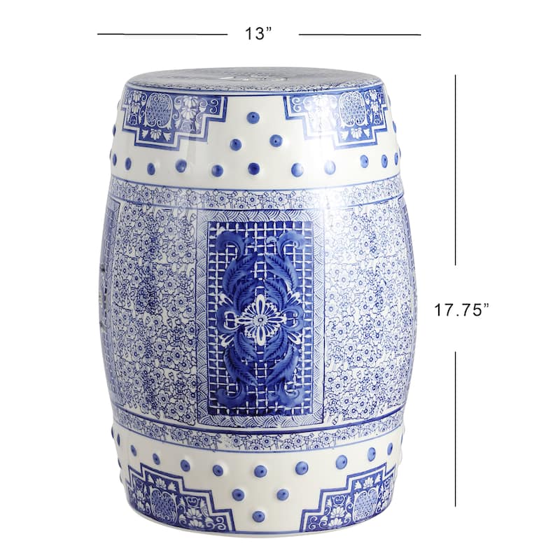 Acanthus 17.8" Chinoiserie Ceramic Drum Garden Stool, Blue/White