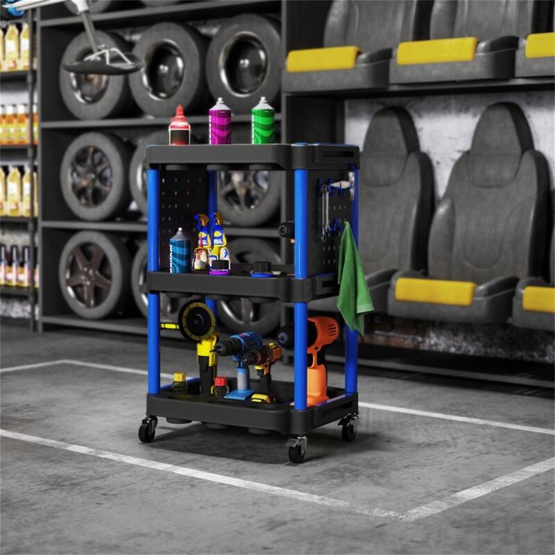 Three-Tier Mobile Rolling Tool Cart with Hooks and Storage Holes for Garage Workshop Organizer - 22.2" W x 18.7" D x 35" H