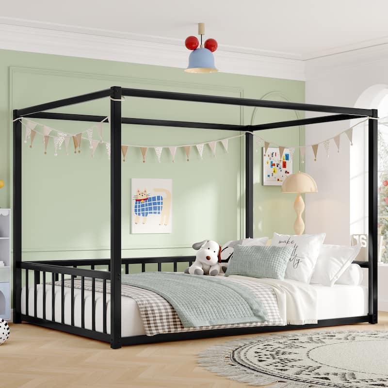 Full Size Iron Canopy Bed with Fence Guardrails and Sunshade Design