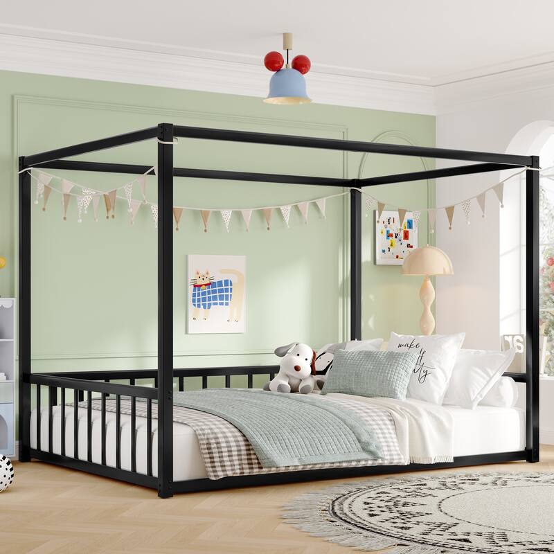 Queen Size Modern Floor Bed Frame with Canopy Structure and Full Guardrails, Low-Profile Metal Platform Bed