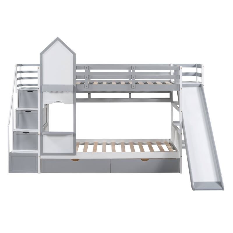Twin-Over-Twin Castle Style Bunk Bed with Drawers,Shelves,Slide