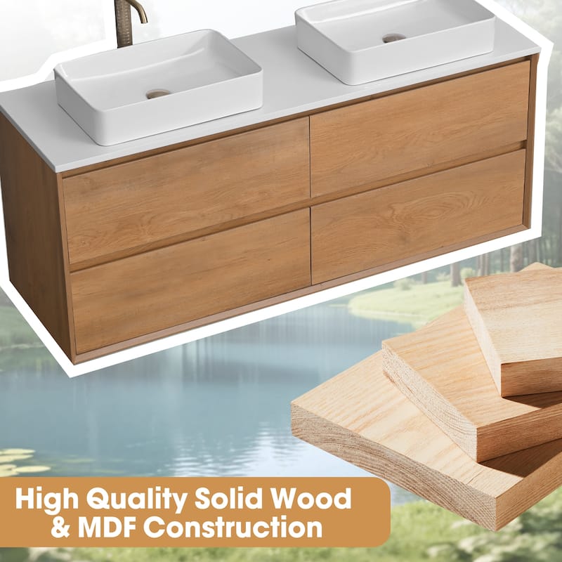 60" Floating Bathroom Vanity Quartz Counter Top with Double Ceramic Vessel Sink