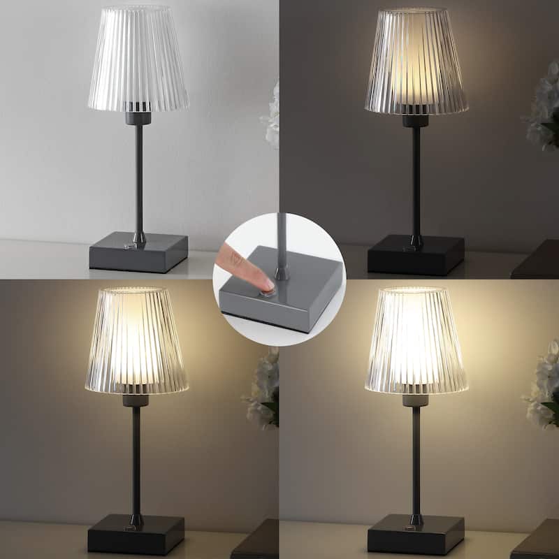 Lina 12.5" Modern Industrial Rechargeable/Cordless Iron/Acrylic Integrated LED Table Lamp with Ribbed Shade, by JONATHAN Y