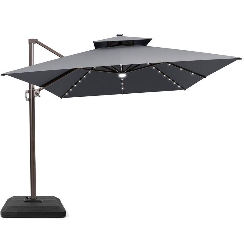 13 x 10 FT Solar Powered LED Light Patio Cantilever Umbrella Aluminum Pole with Base - Dark Grey