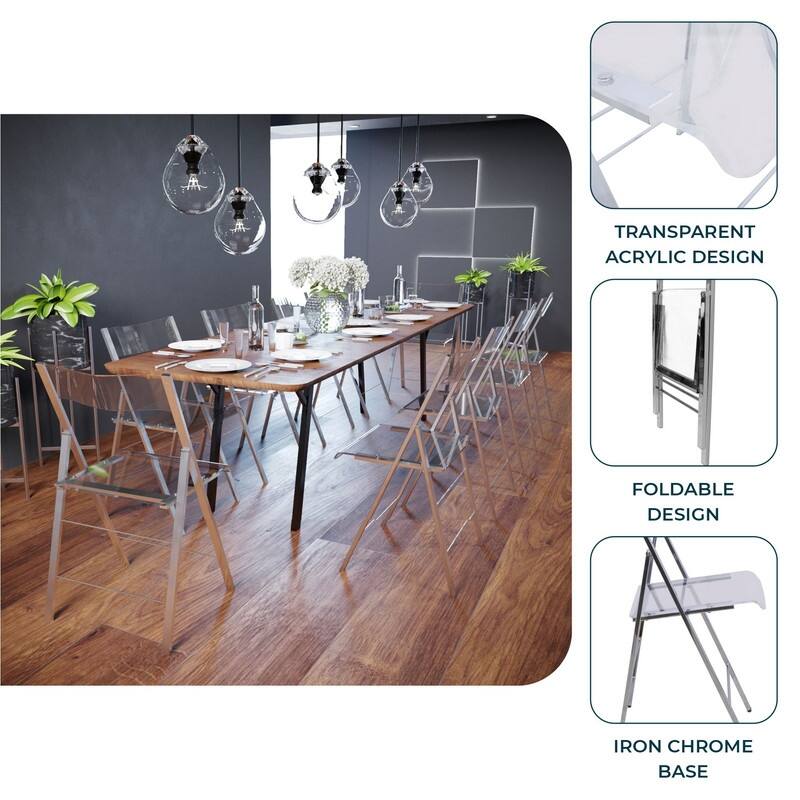 Menno Modern Acrylic Folding Dining Chairs with Stainless Steel Frames and Rubber Pads (Set of 4)