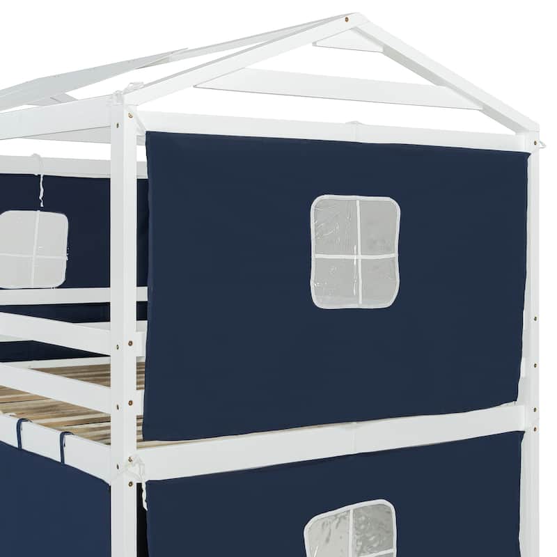 Full Size Bunk Bed with Playhouse Tent, Solid Pine Wood Frame and Window Design