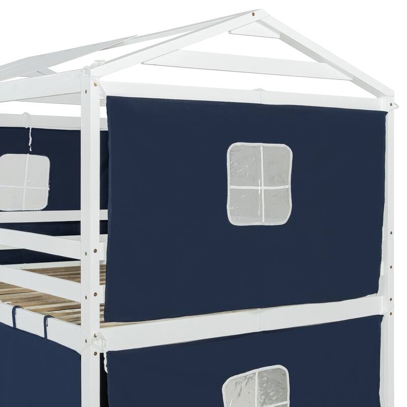 Full Size Kids Playhouse Bunk Bed with Tent Wooden Frame and Sliding Window