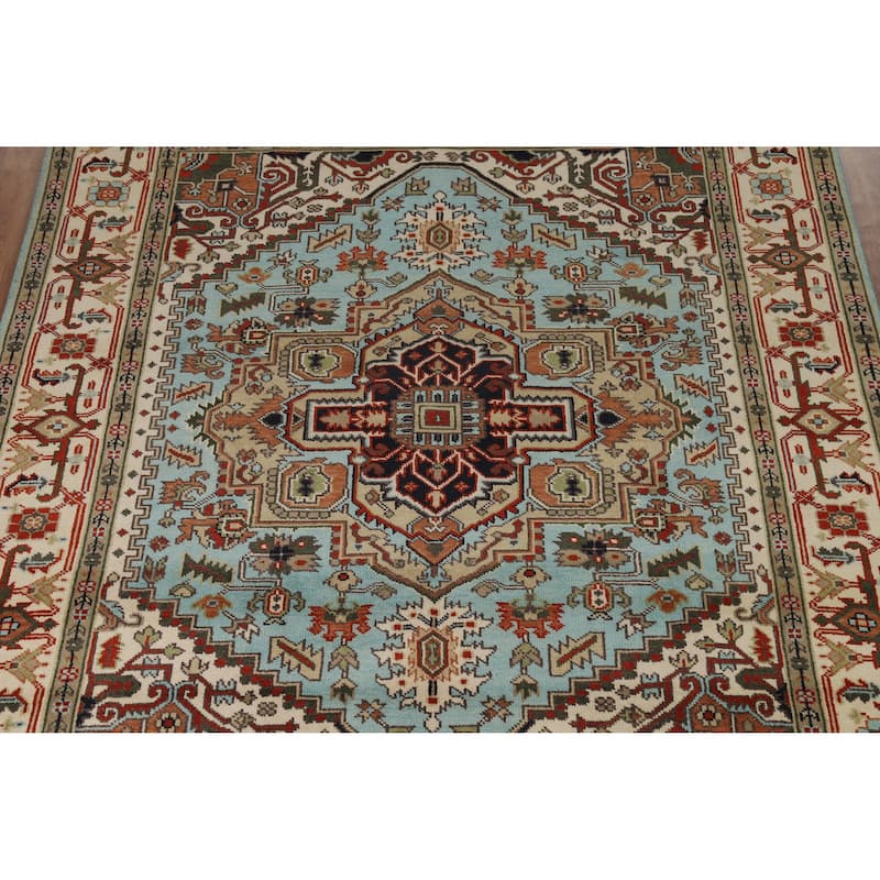 Light Blue Geometric Heriz Serapi Indian Rug Hand-Knotted Wool Carpet - 8'0" x 9'9"