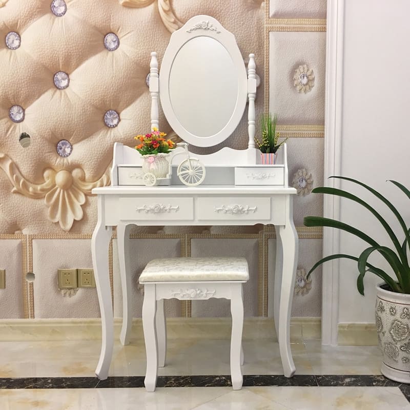 Rotation White Mirror Dressing Vanity Table Makeup Desk with Stool - (29.52 x 15.75 x 56.1)" - White