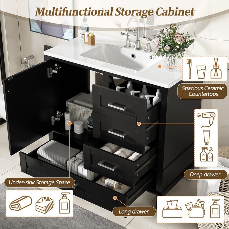 Contemporary 36-inch White Bathroom Vanity Cabinet with a Sturdy Pine Frame, 1 Soft Close Door and 3 Drawers.