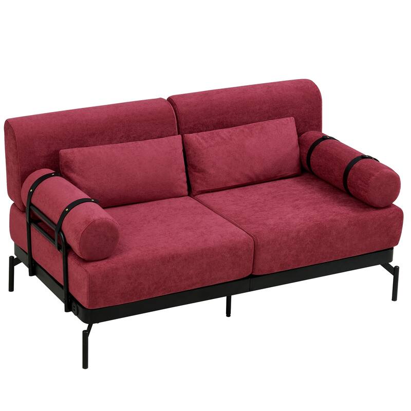Chenille Loveseat Sofa, 59" 2 Seater Sofa with USB Ports, Round Arms, Adjustable Faux Leather Straps for Living Room
