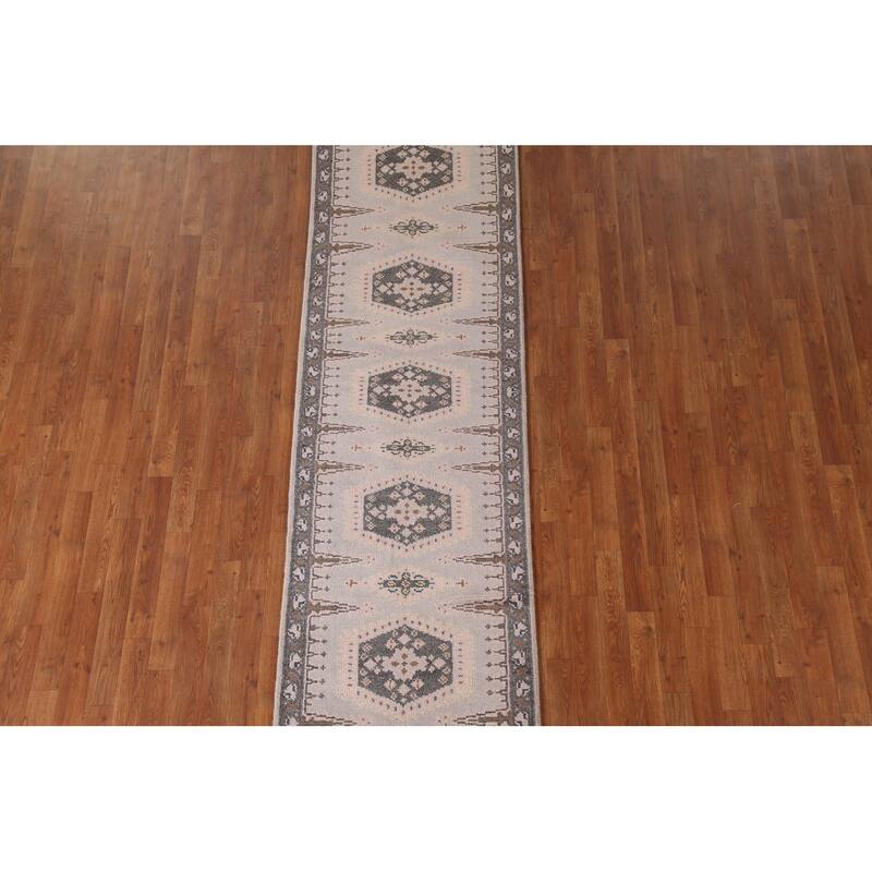 Geometric Kazak Runner Rug Hand-Knotted Grey Wool Carpet - 2'7"x 9'10"