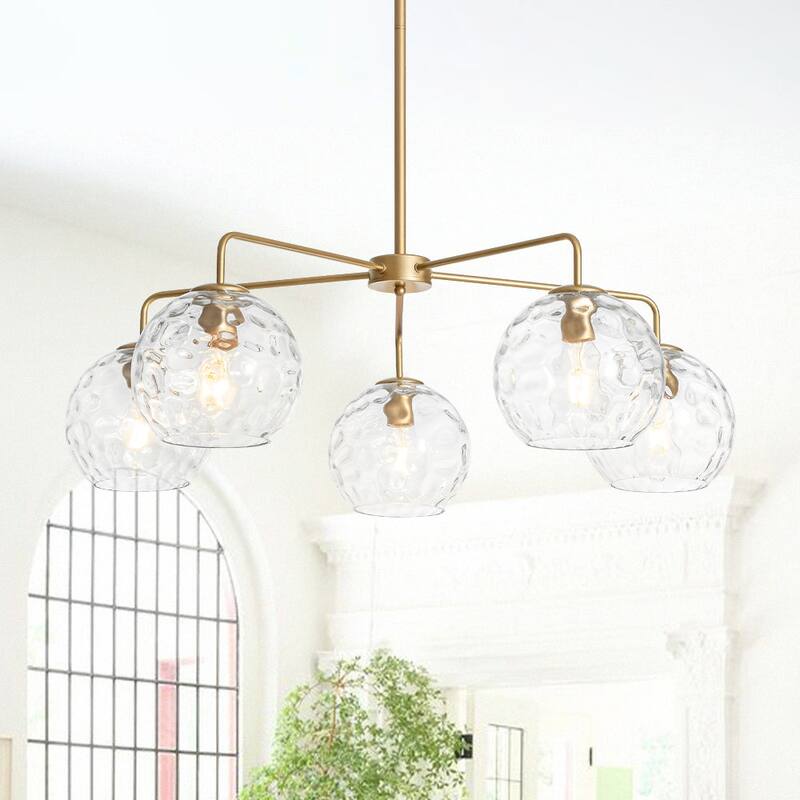 5-Light Modern Linear Clear Glass Sphere Chandelier for Dining Room - 33.5 in - Brass & Hammered Glass