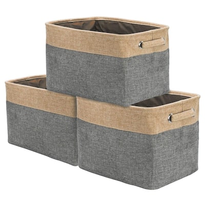 Storage Large Basket Set - Big Rectangular Fabric Collapsible Organizer Bin Box with Carry Handles (3-Pk Grey/Tan)