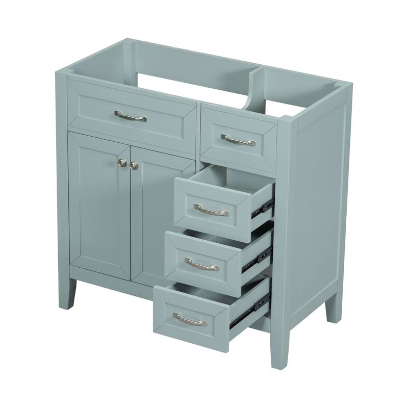 36" Modern White Bathroom Vanity Cabinet Base, 2 Doors & 3 Drawers, Solid Rubber Wood & MDF