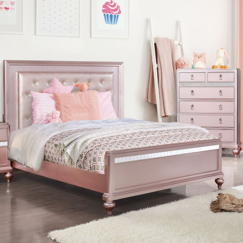 Furniture of America Dzhebel Contemporary Pink 2-Piece Faux Leather Tufted Headboard Panel Bed and Chest Set - Queen