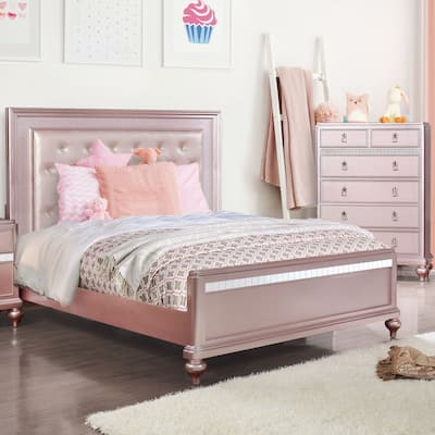 Furniture of America Dzhebel Contemporary Pink 2-Piece Faux Leather Tufted Headboard Panel Bed and Chest Set