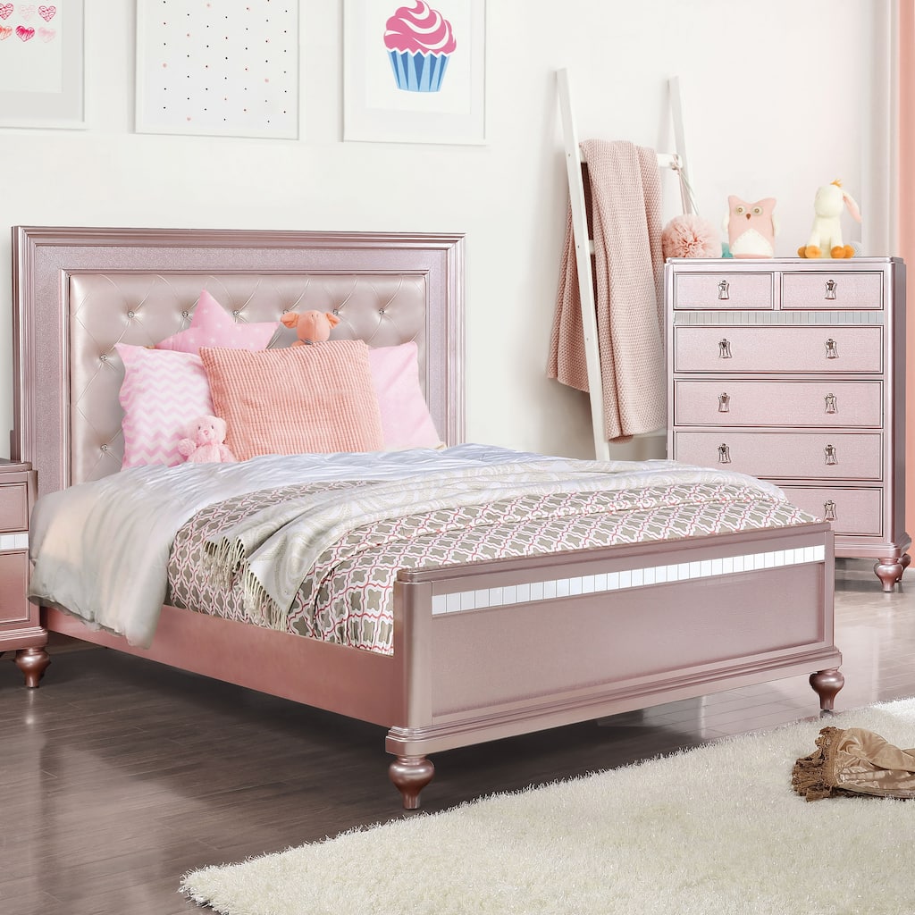 Furniture of America Dzhebel Contemporary Pink 2-Piece Faux Leather Tufted Headboard Panel Bed and Chest Set