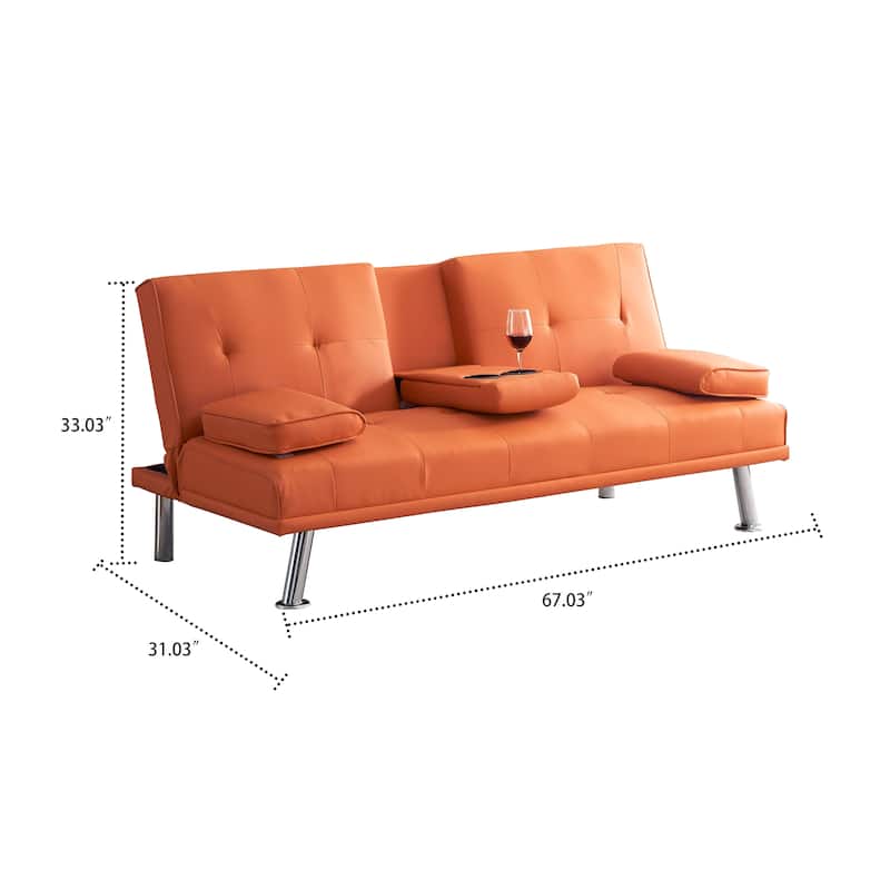 Classic PVC Leather Upholstered Convertible Futo Sofa Bed with Cup Holders