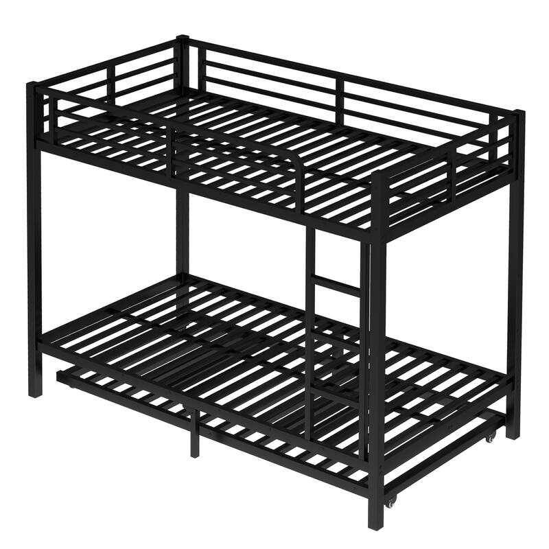 Roomfitters Twin/Full Metal Bunk Bed with Twin Trundle, Space-Saving Design for Teens & Adults, Black