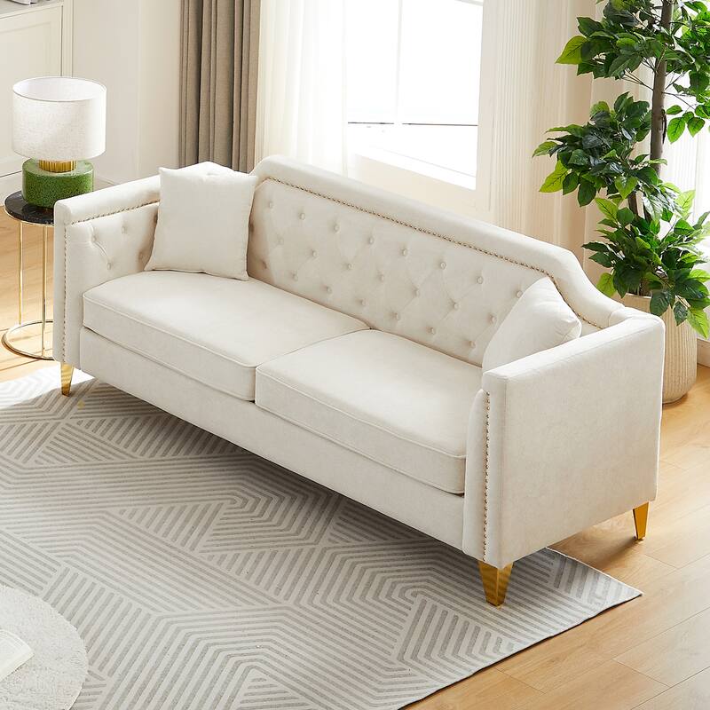 Chenille Sofa with Golden Metal Legs, 3-Seater Couch with Solid Wood Frame and 750 lbs Capacity